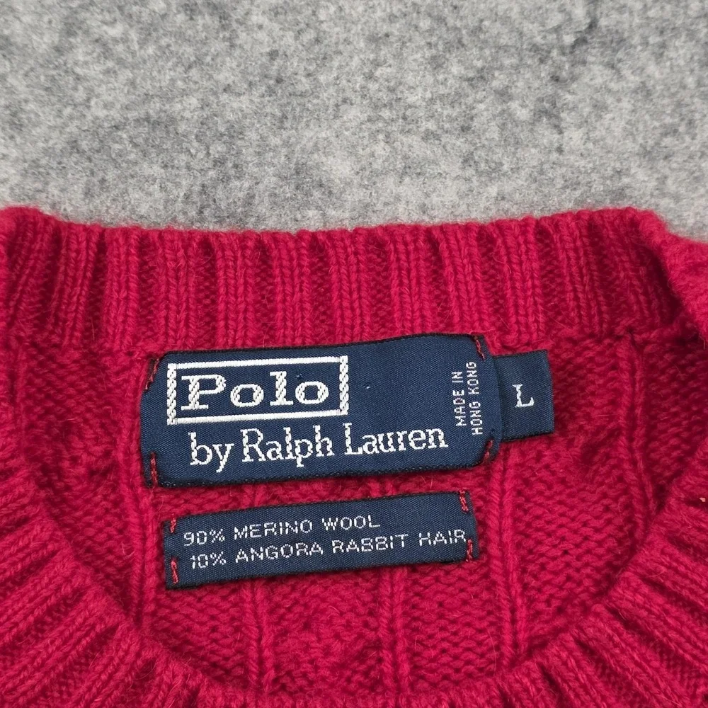 VTG Polo Ralph‎ Lauren Sweater Mens Large Red Merino Angora Cable Knit Crewneck